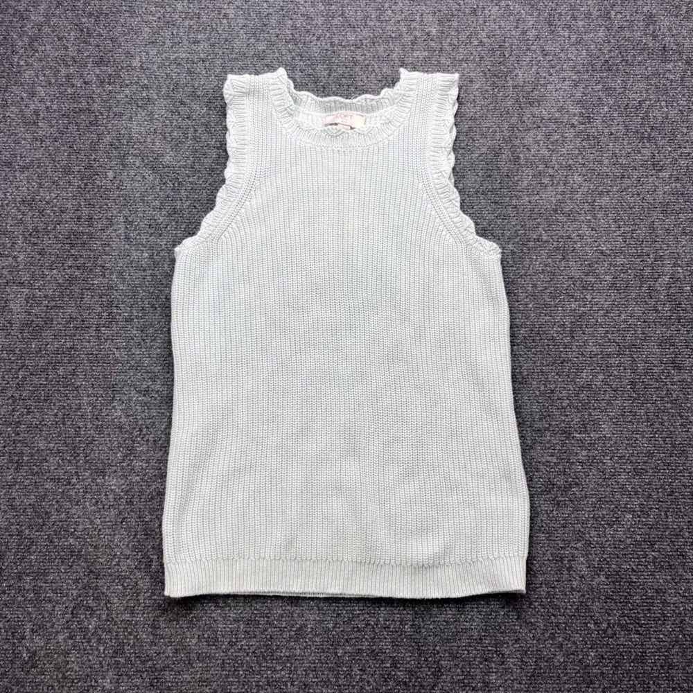 Loft Outlet Scalloped Trim Knit Ribbed Light Blue Sleeveless‎ Sweater Vest